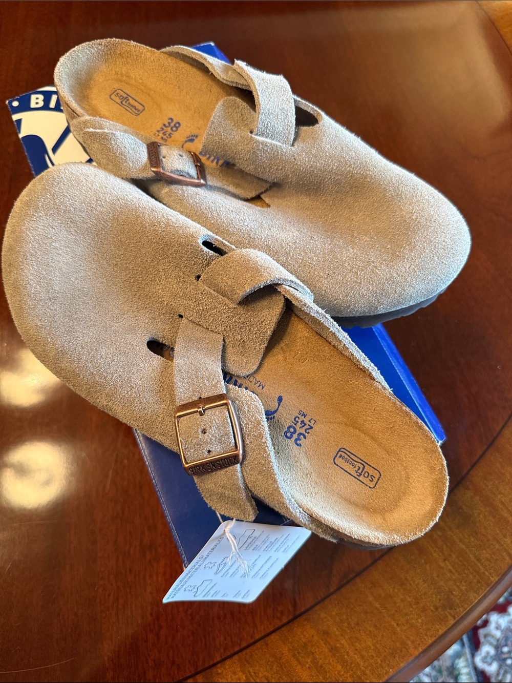 Birkenstock Boston Women's Suede Slide Clog in Taupe with Buckle, size 38